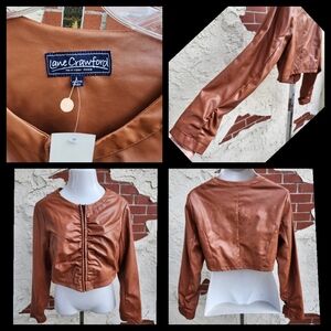 Large women LANE CRAWFORD faux leather zip shirred long sleeve jacket FLAWS